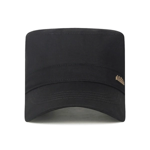 Men's black cotton cadet cap with golden outdoor style metal badge on white background