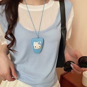 Blue leather Hello Kitty neck strap key holder shown on a model with a clean aesthetic