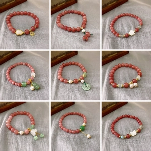 Handmade Strawberry Crystal Beaded Bracelet With Artificial Pearl And Jade Pendant Elegant Chinese Style Elastic Jewelry For Women