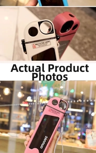 Detail view of pink and white camera-shaped water bottle with strap and straw