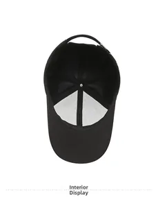 Inside view of black baseball cap showing breathable mesh and adjustable metal buckle