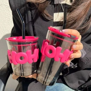 Minimalist grey straw cups with pink HOHOHO decor in large and small sizes