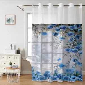 Détail du rideau de douche imperméable avec imprimé roses bleues et œillets en métal