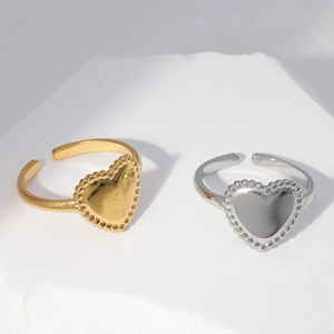 Heart Shaped Open Ring Stainless Steel Adjustable Beaded Edge Fashion Jewelry For Women