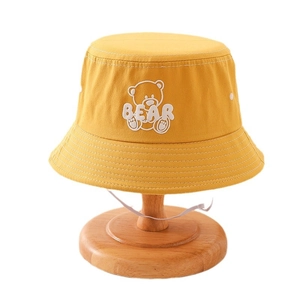Yellow kids bucket hat with cute bear embroidery, cotton fabric and chin strap