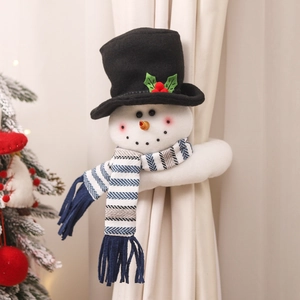 Cute snowman Christmas curtain tieback made of soft plush fabric for festive window decor