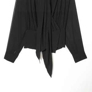 Elegant black chiffon long sleeve blouse featuring a stylish draped crossover front design