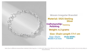 Detail of S925 sterling silver twisted chain bracelet showing its dimensions and weight