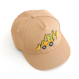 Close-up of the detailed excavator embroidery on a khaki kids flat brim baseball cap