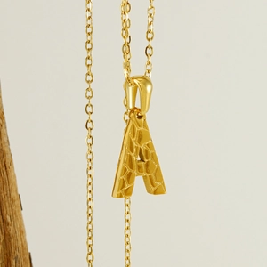 18K gold plated stainless steel initial A necklace with unique cracked texture pendant