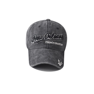 Detailed view of New Orleans JAZZ embroidery on vintage washed cotton baseball cap