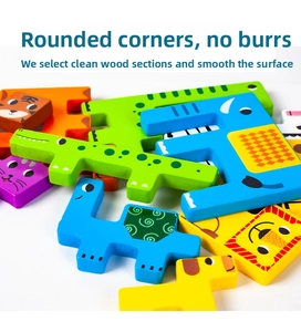 Détail de blocs d'animaux en bois colorés avec bords arrondis lisses et texture polie