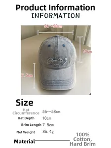 Size guide for washed cotton baseball cap with letter embroidery and specifications