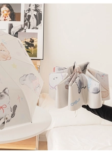 Detail of automatic folding umbrella featuring cute hand-drawn cat illustrations and patterns