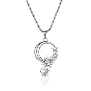 Celestial silver star and crescent moon necklace with a white crystal hexagonal column