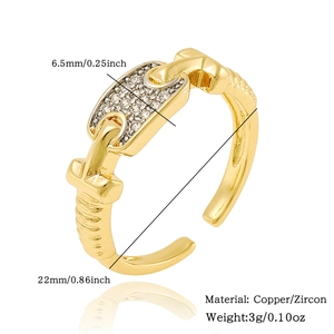 Detail view of adjustable gold-plated copper ring with micro-paved zircon buckle design