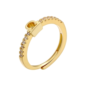 Detail of 18K gold-plated zodiac ring featuring pavé-set zircons and a U-shaped design