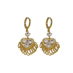 Luxurious gold plated heart earrings with sparkling zircons and delicate hollow mesh design