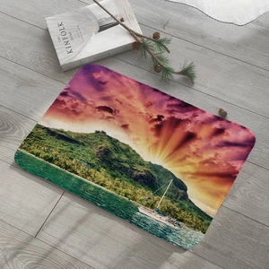 Absorbent flannel floor mat featuring a high-definition tropical island landscape