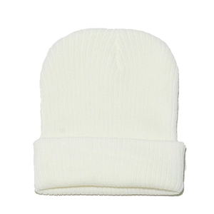 Close-up of white rib-knit beanie with vertical stripes and folded cuff design