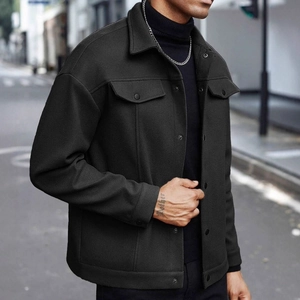 Men's dark charcoal wool jacket with classic lapel and double chest pockets for autumn