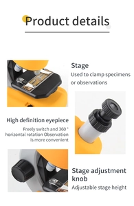 Detail view of children's microscope showing 360 rotation eyepiece and stage knobs