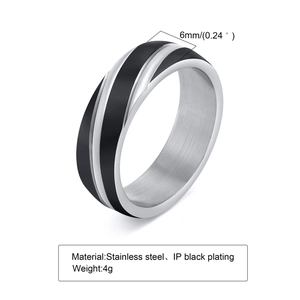Detail view of 6mm silver and black stainless steel men's ring with polished finish