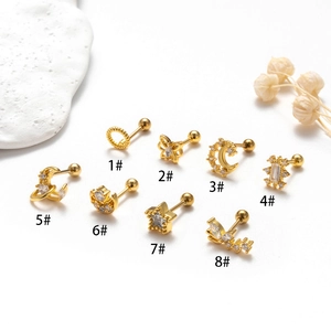 Set of 8 gold stainless steel screw back earrings with zircon stars moons and butterflies