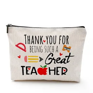 Waterproof linen makeup bag with Thank You Teacher print and school themed patterns