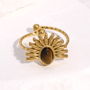 Vintage 18k gold plated stainless steel open ring with oval brown tiger eye stone