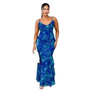 Sexy blue-green abstract print spaghetti strap maxi dress with ruffled mermaid hemline