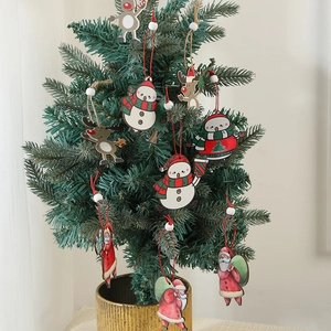 Wooden Christmas tree ornaments set featuring Santa Claus, snowman and reindeer figures