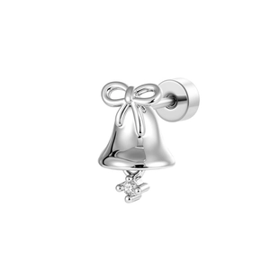 Silver bow bell cartilage stud earring with sparkling crystal pendant on white background