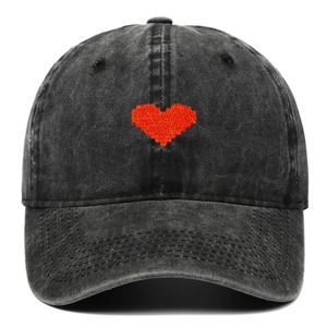 Washed grey vintage baseball cap with red pixel heart embroidery for women and men