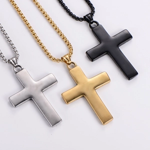 Vintage punk style solid cross pendant necklace set in silver, gold, and black finishes