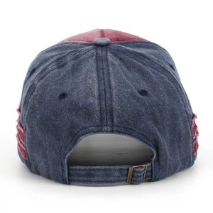 Vintage navy blue washed baseball cap with contrast red details and adjustable metal buckle