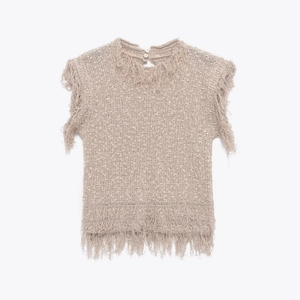 Women Sleeveless Knitted Vest Top Fringe Tassel Trim Chunky Knit Acrylic Polyester Elegant Solid Color Boat Neck