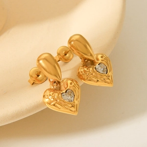 Heart Drop Earrings Stainless Steel 18K Gold Plated Hammered Texture Inlaid Zircon Vintage Elegant Jewelry For Women
