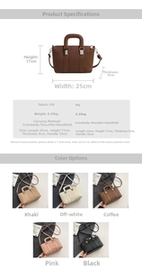 Detailed size chart and multi-color product display for retro pleated bucket bags