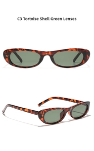 Front and 45-degree side views of tortoise shell rectangle sunglasses with dark green lenses