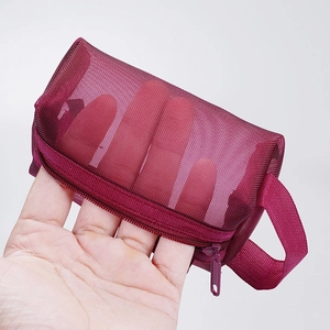 Wine red mesh coin purse with zipper and side loop made of breathable nylon fabric
