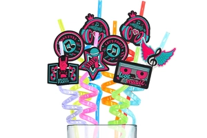Macro detail of reusable spiral 80s music straws with neon headphones and cassette charms