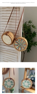 Detail of handcrafted rattan crossbody bag with mosaic shell inlay and leather strap