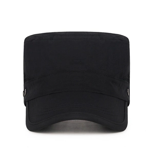 Men's quick-dry flat top military hat in black with breathable side mesh and curved brim
