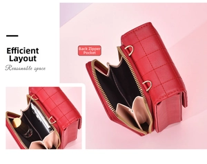 Detail of red quilted leather bag interior featuring multiple compartments and zip pocket
