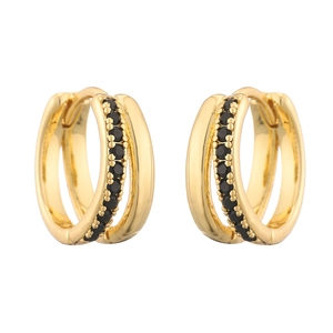Chic gold double-row huggie earrings with polished finish and pavé black zircons