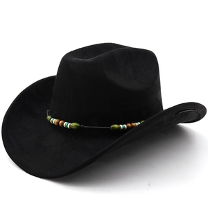 Detailed close-up of a black suede cowboy hat featuring a colorful bohemian beaded band