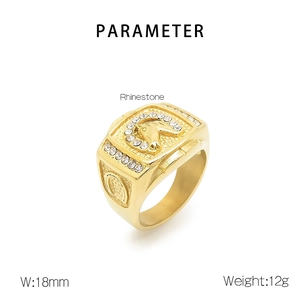 Detail showing an 18mm gold horse head ring with sparkling rhinestone pavé setting