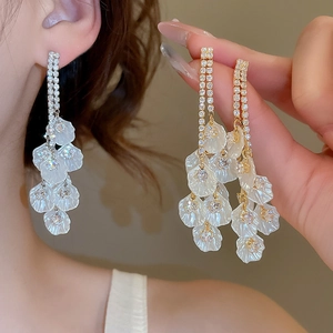 Gros plan de boucles d'oreilles franges dorées 18k avec pétales de zircon élégants