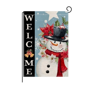 Double-sided Christmas snowman garden flag with Welcome text and floral patterns